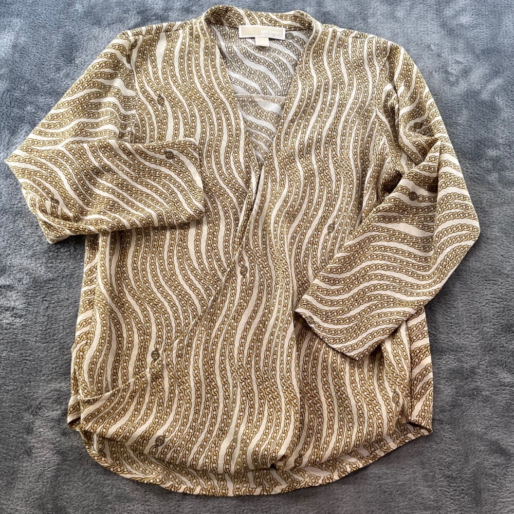Michael Kors Womens Gold Chain Link Print V-Neck Blouse Top Small QH140AT3VB